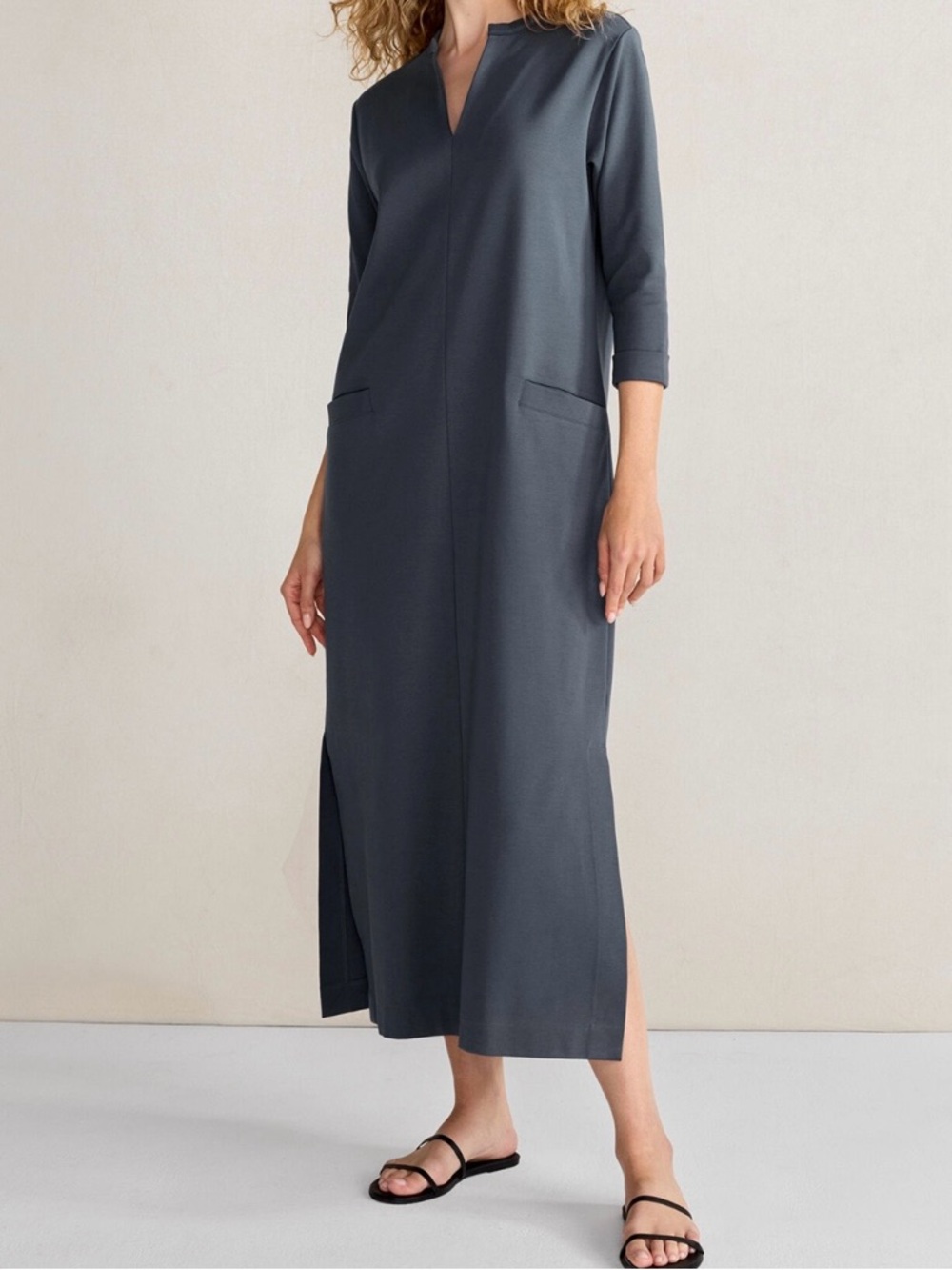 Haven Well Within Slate Blue V-Neck Organically Grown Cotton Midi Lounge Dress S